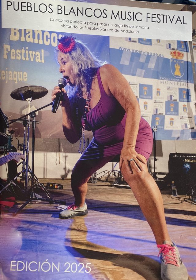 Leeann Atherton on the cover of the 2025 Pueblos Blancos Music Festival programme, performing in Montejaque, Andaluc&iacute;a, Spain